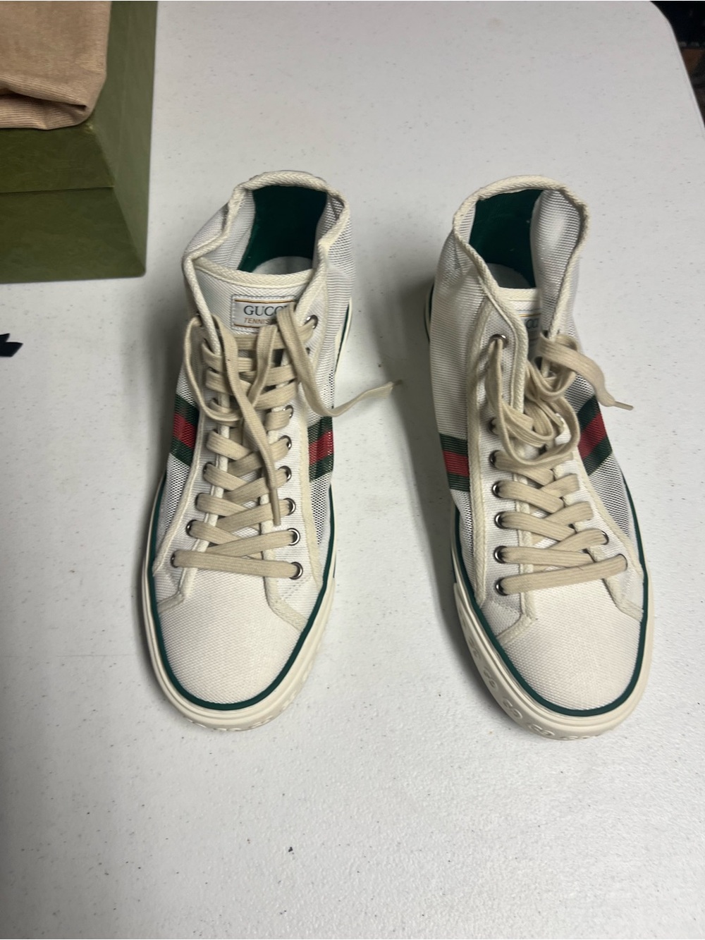 Gucci Men’s Cream High-Top Sneakers with Green & Red Web Stripe